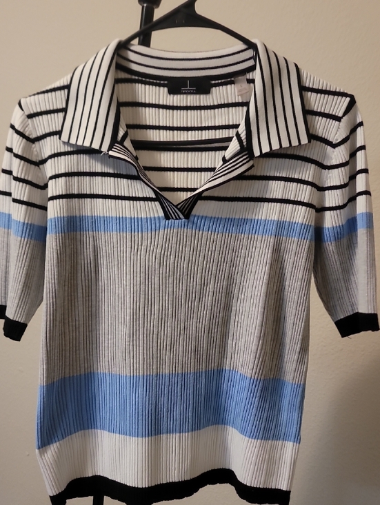 Tahari Tops - Tahari White, Black & Light Blue Striped Ribbed Polo Tee